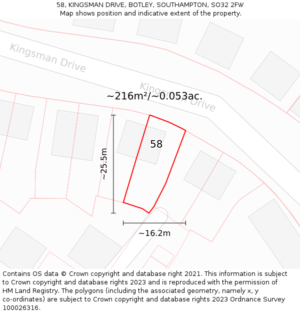 58, KINGSMAN DRIVE, BOTLEY, SOUTHAMPTON, SO32 2FW: Plot and title map