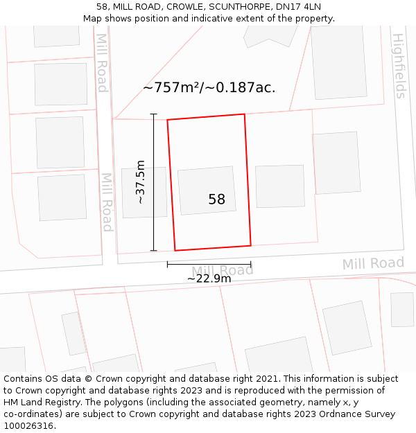 58, MILL ROAD, CROWLE, SCUNTHORPE, DN17 4LN: Plot and title map