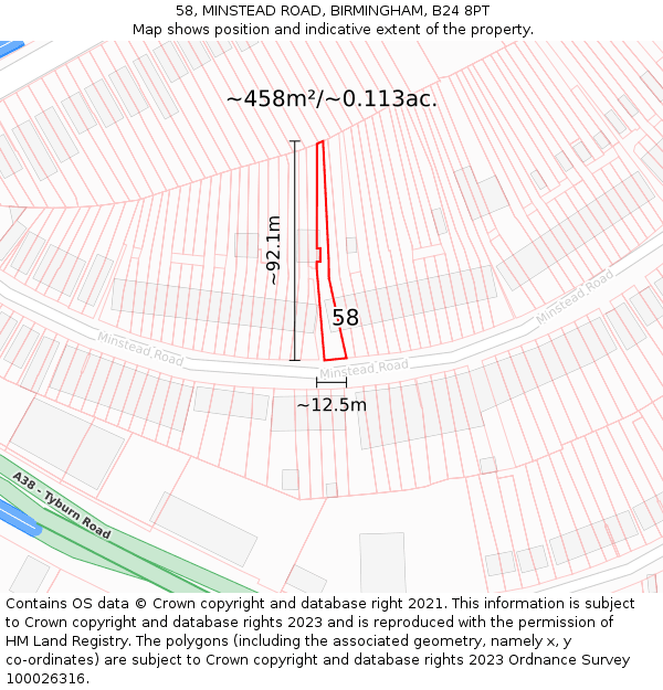 58, MINSTEAD ROAD, BIRMINGHAM, B24 8PT: Plot and title map