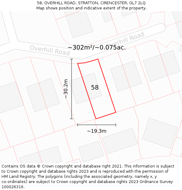 58, OVERHILL ROAD, STRATTON, CIRENCESTER, GL7 2LQ: Plot and title map