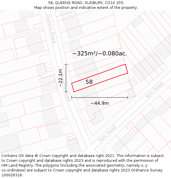58, QUEENS ROAD, SUDBURY, CO10 1PG: Plot and title map
