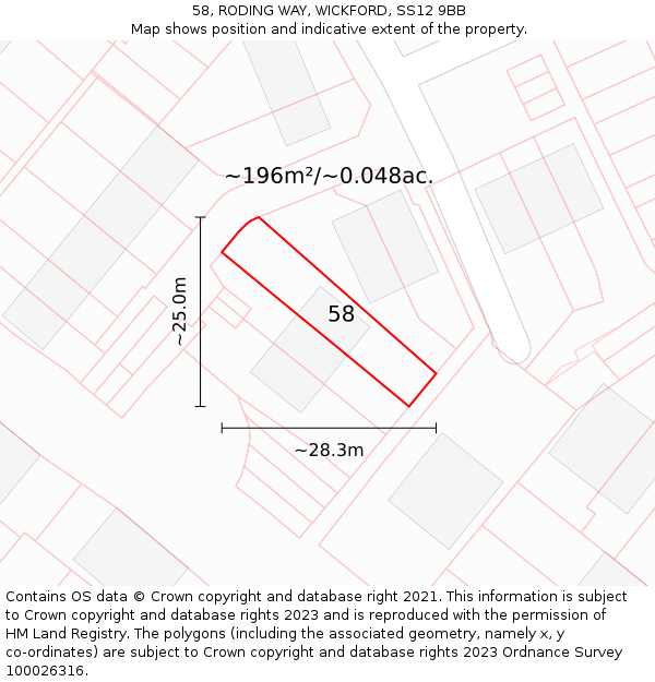 58, RODING WAY, WICKFORD, SS12 9BB: Plot and title map