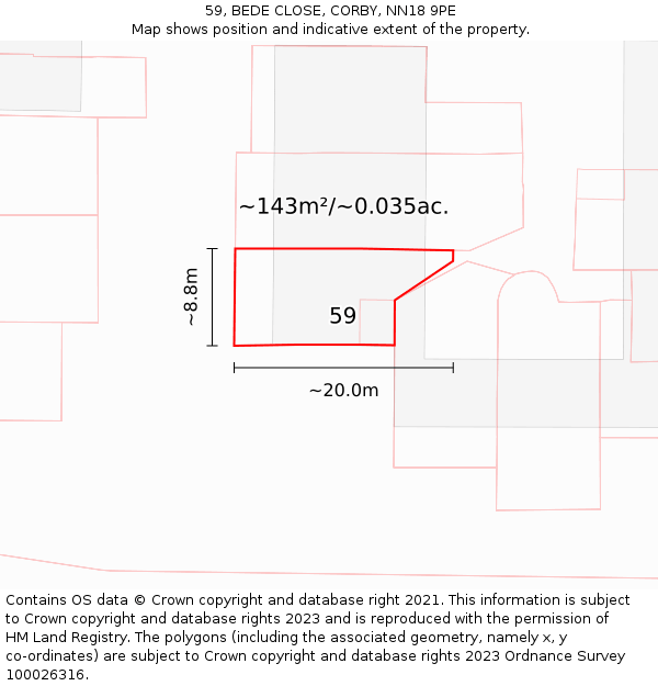 59, BEDE CLOSE, CORBY, NN18 9PE: Plot and title map