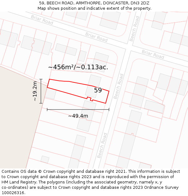 59, BEECH ROAD, ARMTHORPE, DONCASTER, DN3 2DZ: Plot and title map