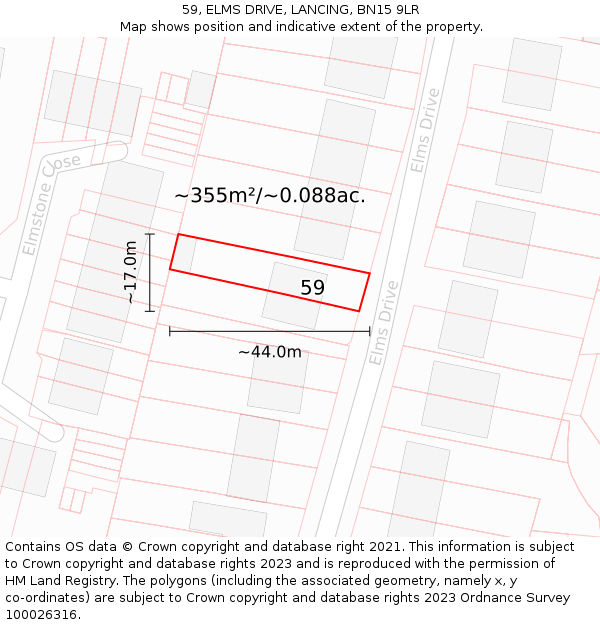 59, ELMS DRIVE, LANCING, BN15 9LR: Plot and title map