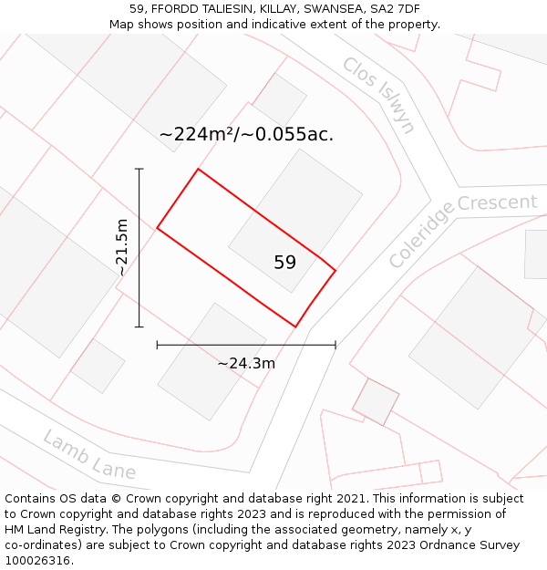 59, FFORDD TALIESIN, KILLAY, SWANSEA, SA2 7DF: Plot and title map