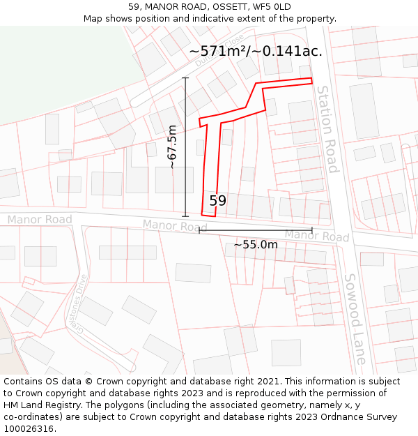 59, MANOR ROAD, OSSETT, WF5 0LD: Plot and title map