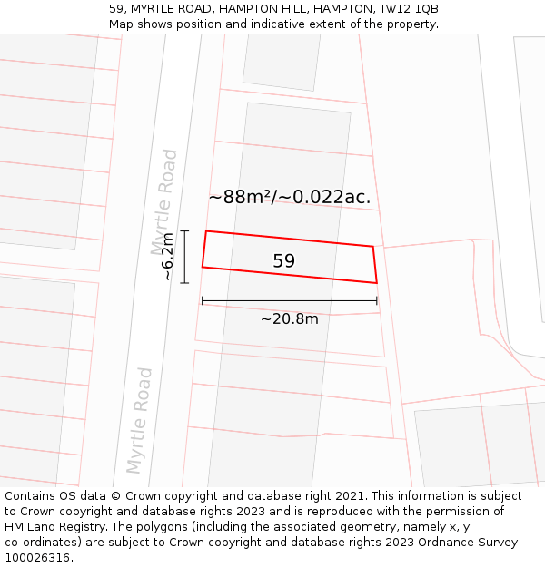59, MYRTLE ROAD, HAMPTON HILL, HAMPTON, TW12 1QB: Plot and title map
