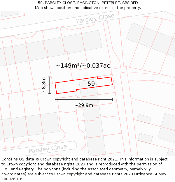 59, PARSLEY CLOSE, EASINGTON, PETERLEE, SR8 3FD: Plot and title map