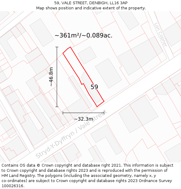 59, VALE STREET, DENBIGH, LL16 3AP: Plot and title map