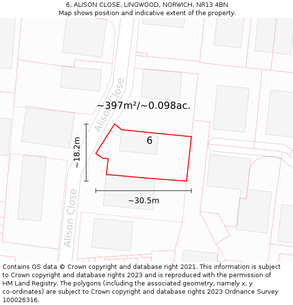 6, ALISON CLOSE, LINGWOOD, NORWICH, NR13 4BN: Plot and title map