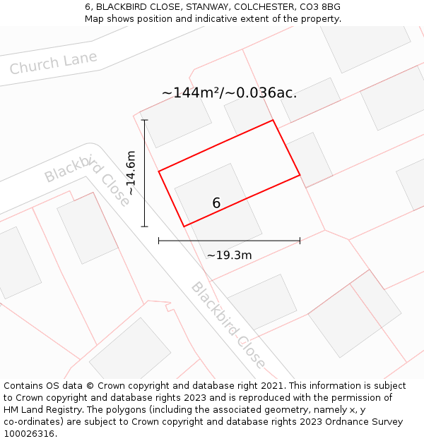 6, BLACKBIRD CLOSE, STANWAY, COLCHESTER, CO3 8BG: Plot and title map