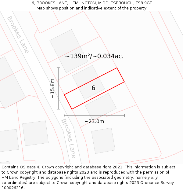 6, BROOKES LANE, HEMLINGTON, MIDDLESBROUGH, TS8 9GE: Plot and title map