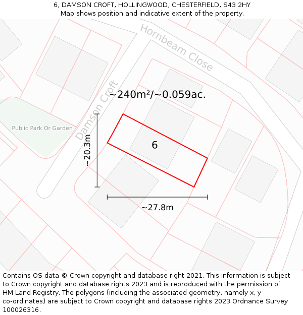 6, DAMSON CROFT, HOLLINGWOOD, CHESTERFIELD, S43 2HY: Plot and title map