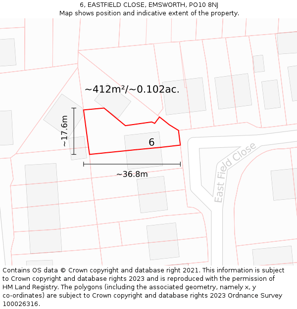 6, EASTFIELD CLOSE, EMSWORTH, PO10 8NJ: Plot and title map