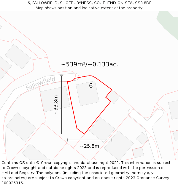 6, FALLOWFIELD, SHOEBURYNESS, SOUTHEND-ON-SEA, SS3 8DF: Plot and title map