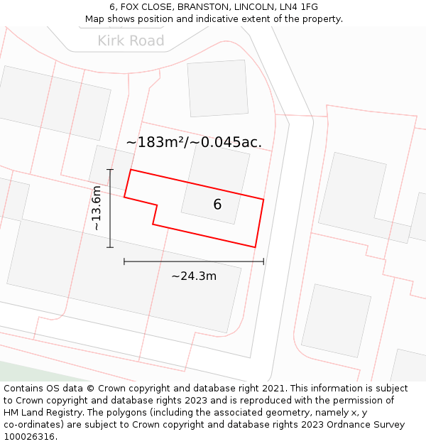 6, FOX CLOSE, BRANSTON, LINCOLN, LN4 1FG: Plot and title map