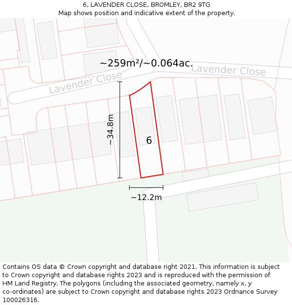 6, LAVENDER CLOSE, BROMLEY, BR2 9TG: Plot and title map