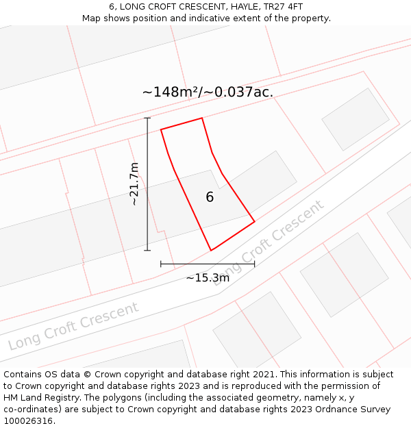 6, LONG CROFT CRESCENT, HAYLE, TR27 4FT: Plot and title map
