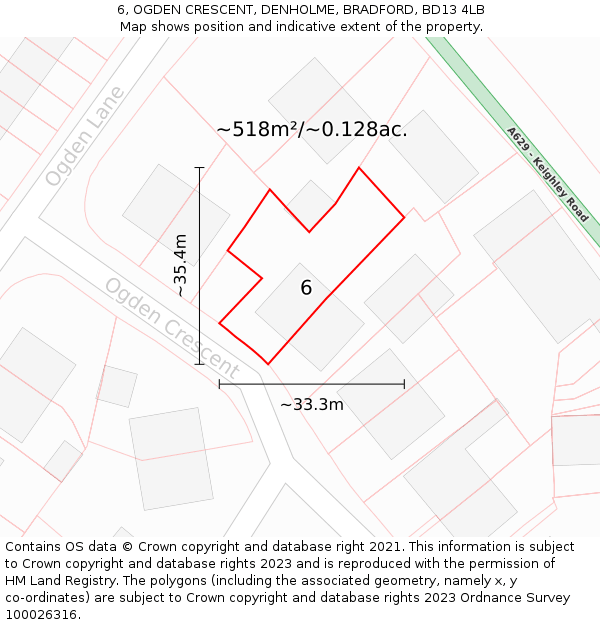 6, OGDEN CRESCENT, DENHOLME, BRADFORD, BD13 4LB: Plot and title map