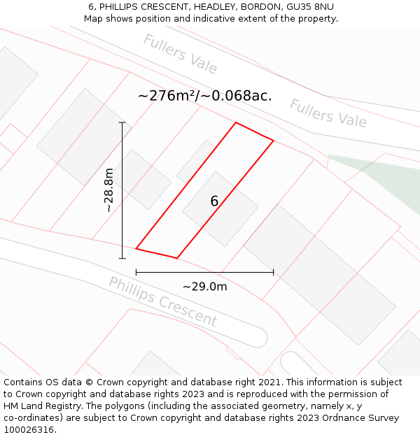 6, PHILLIPS CRESCENT, HEADLEY, BORDON, GU35 8NU: Plot and title map