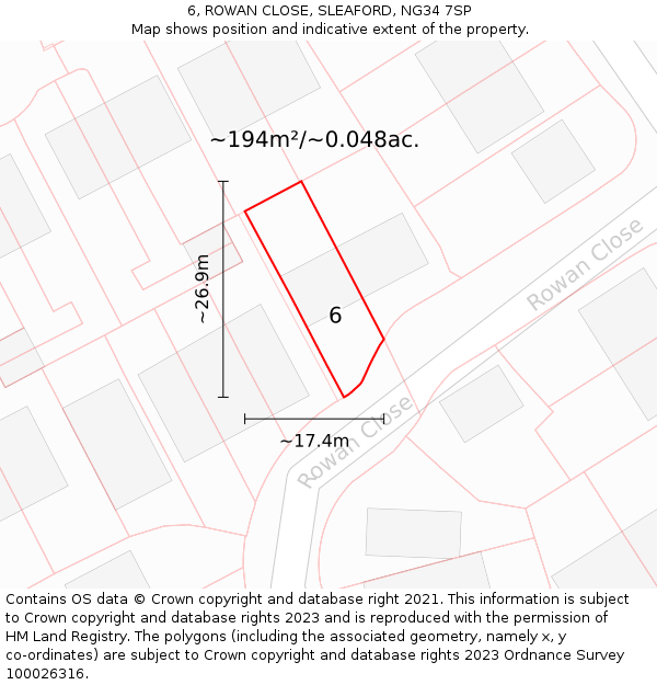 6, ROWAN CLOSE, SLEAFORD, NG34 7SP: Plot and title map