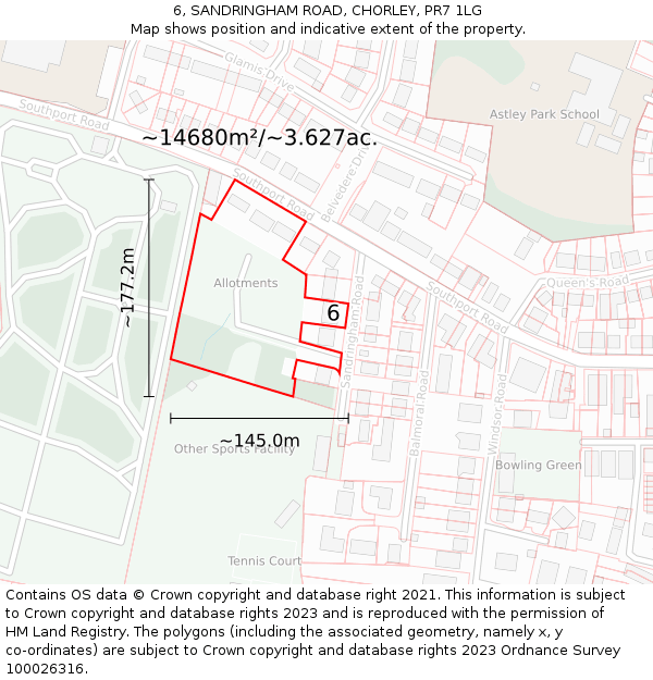 6, SANDRINGHAM ROAD, CHORLEY, PR7 1LG: Plot and title map