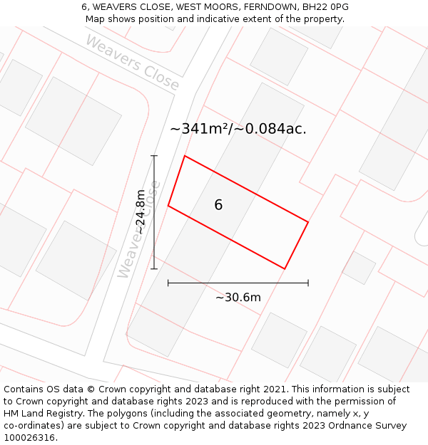 6, WEAVERS CLOSE, WEST MOORS, FERNDOWN, BH22 0PG: Plot and title map