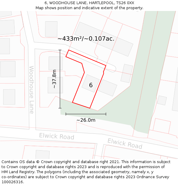 6, WOODHOUSE LANE, HARTLEPOOL, TS26 0XX: Plot and title map