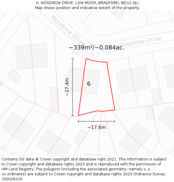 6, WOODROW DRIVE, LOW MOOR, BRADFORD, BD12 0JU: Plot and title map