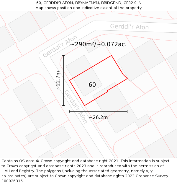 60, GERDDI'R AFON, BRYNMENYN, BRIDGEND, CF32 9LN: Plot and title map