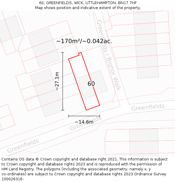 60, GREENFIELDS, WICK, LITTLEHAMPTON, BN17 7HF: Plot and title map