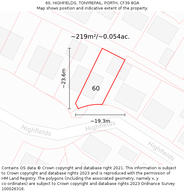 60, HIGHFIELDS, TONYREFAIL, PORTH, CF39 8GA: Plot and title map