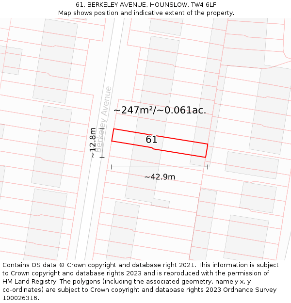 61, BERKELEY AVENUE, HOUNSLOW, TW4 6LF: Plot and title map