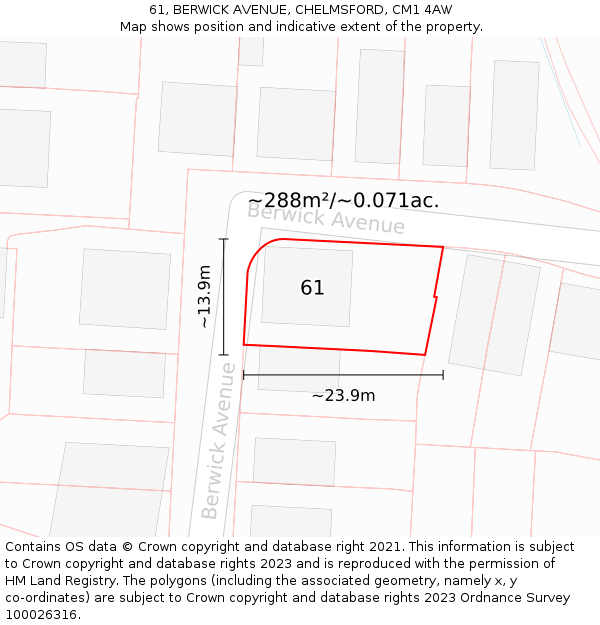 61, BERWICK AVENUE, CHELMSFORD, CM1 4AW: Plot and title map