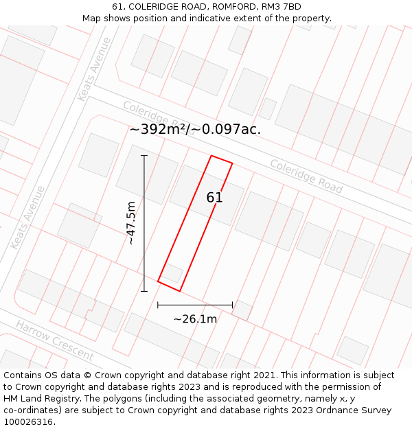 61, COLERIDGE ROAD, ROMFORD, RM3 7BD: Plot and title map