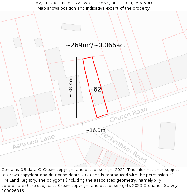 62, CHURCH ROAD, ASTWOOD BANK, REDDITCH, B96 6DD: Plot and title map