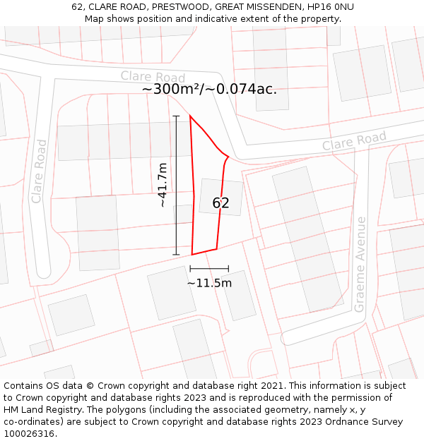 62, CLARE ROAD, PRESTWOOD, GREAT MISSENDEN, HP16 0NU: Plot and title map
