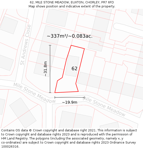 62, MILE STONE MEADOW, EUXTON, CHORLEY, PR7 6FD: Plot and title map