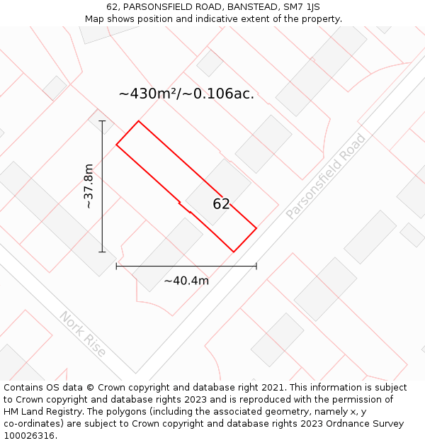62, PARSONSFIELD ROAD, BANSTEAD, SM7 1JS: Plot and title map