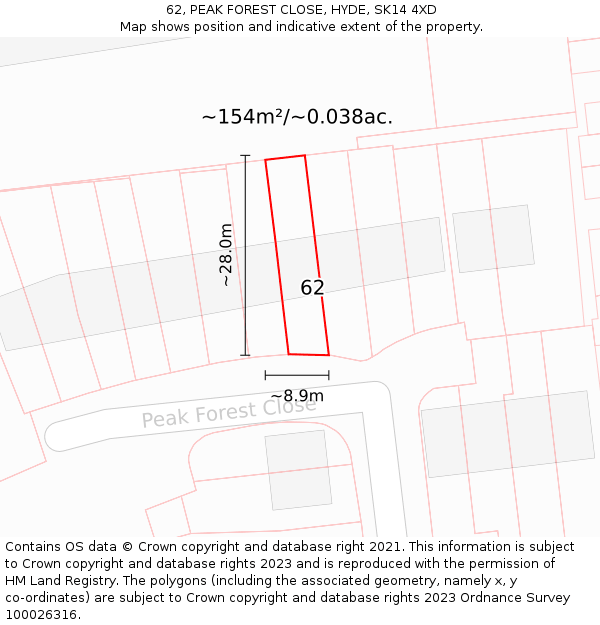 62, PEAK FOREST CLOSE, HYDE, SK14 4XD: Plot and title map