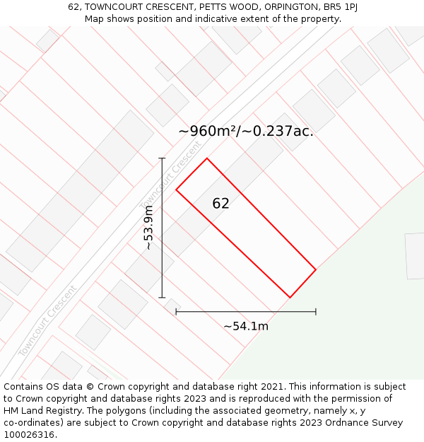 62, TOWNCOURT CRESCENT, PETTS WOOD, ORPINGTON, BR5 1PJ: Plot and title map