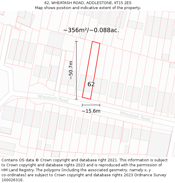 62, WHEATASH ROAD, ADDLESTONE, KT15 2ES: Plot and title map