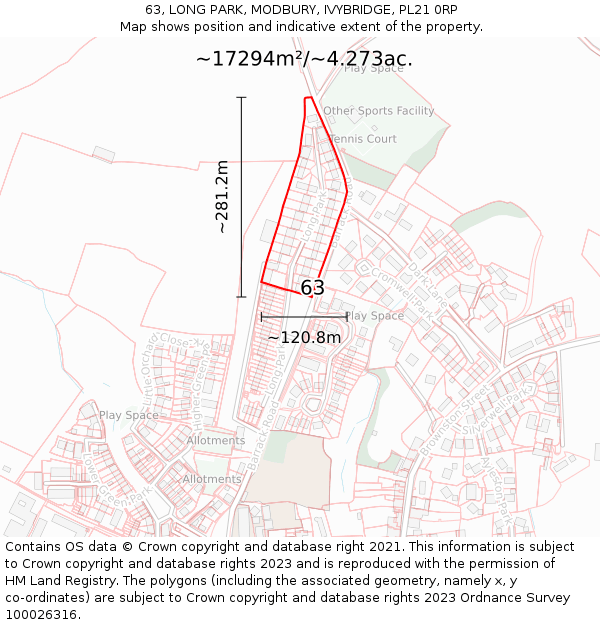 63, LONG PARK, MODBURY, IVYBRIDGE, PL21 0RP: Plot and title map