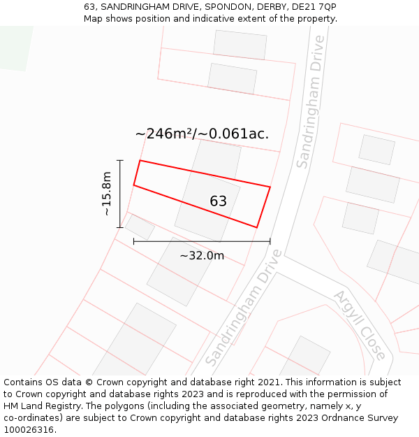 63, SANDRINGHAM DRIVE, SPONDON, DERBY, DE21 7QP: Plot and title map