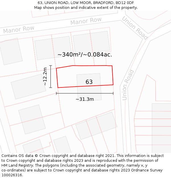 63, UNION ROAD, LOW MOOR, BRADFORD, BD12 0DF: Plot and title map