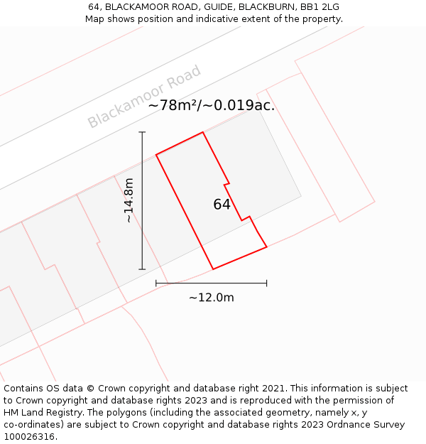 64, BLACKAMOOR ROAD, GUIDE, BLACKBURN, BB1 2LG: Plot and title map