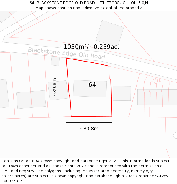 64, BLACKSTONE EDGE OLD ROAD, LITTLEBOROUGH, OL15 0JN: Plot and title map