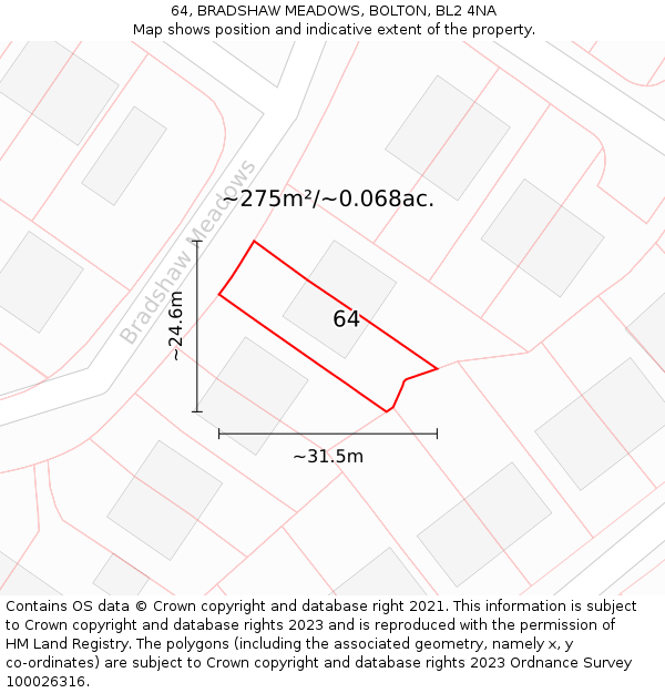 64, BRADSHAW MEADOWS, BOLTON, BL2 4NA: Plot and title map