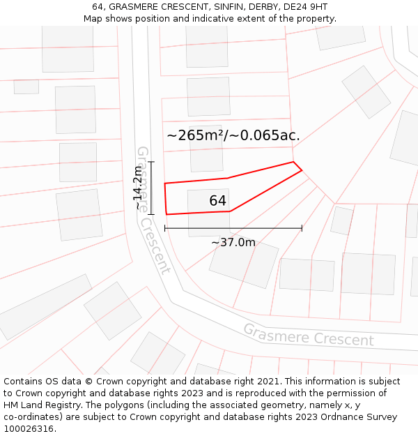 64, GRASMERE CRESCENT, SINFIN, DERBY, DE24 9HT: Plot and title map